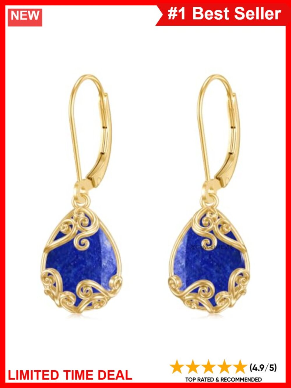 14K Gold Plated Filigree Dangle Drop Earrings with Lapis Lazuli Hypoallergenic